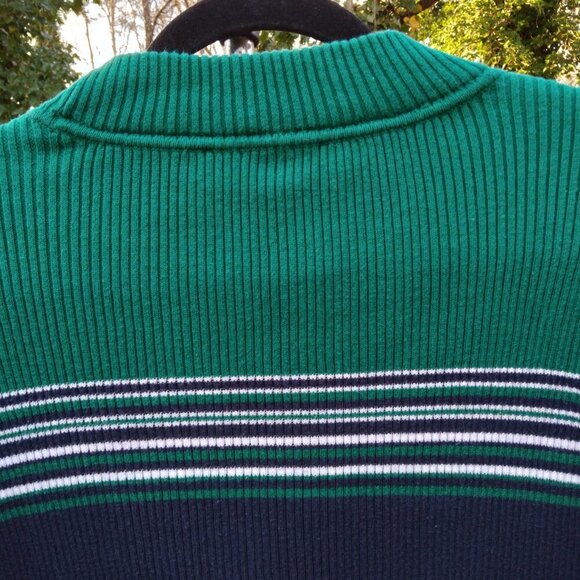 Appleseeds100%Cotton KellyGreen MockNeck White Stripes Navy Torso & Sleeves SzL - Picture 6 of 7